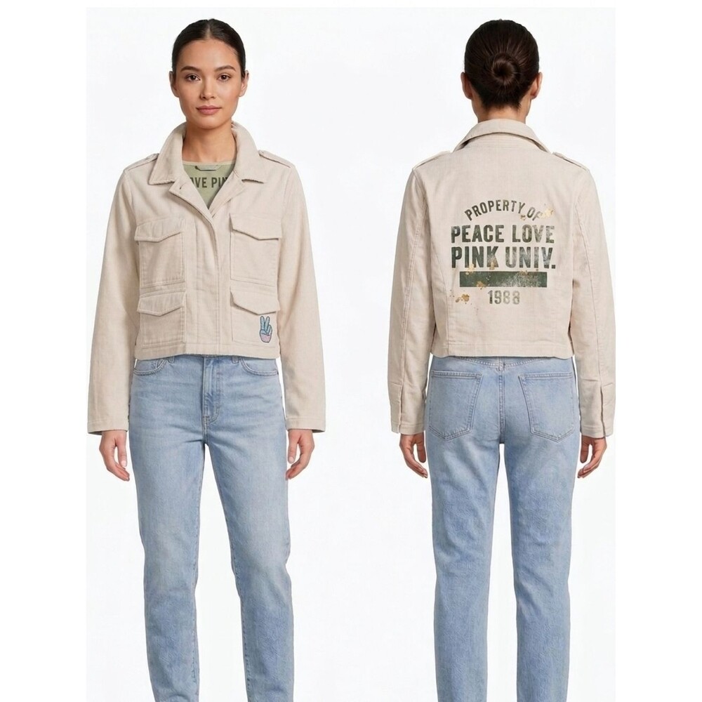 Rare Vintage VS PINK Peace Love University Utility Jacket Cream S Distressed